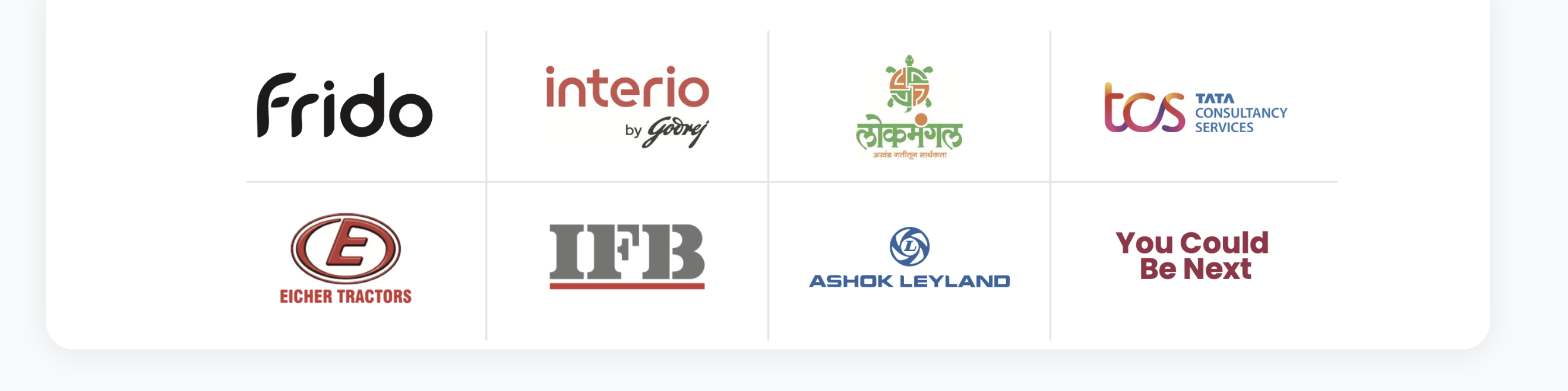 CharChaki clients: Frido, Interio by Godrej, Lokmangal, TCS, Eicher Tractors, IFB, Ashok Leyland, Maharashtra State Police