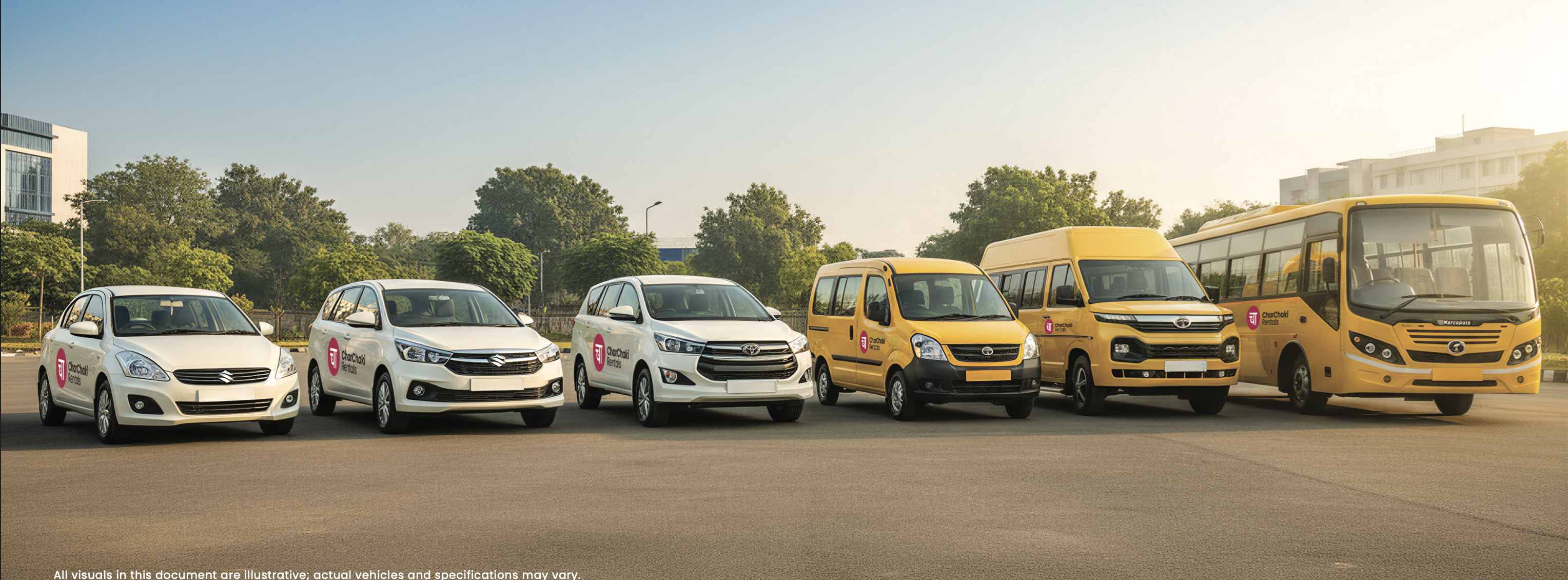 CharChaki fleet lineup — sedans, SUVs, Innova, Tavera, school buses
